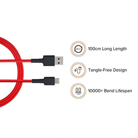 Xiaomi Mi Braided Type C 100Cm Cable Red Supports Upto 22.5 Charging Red