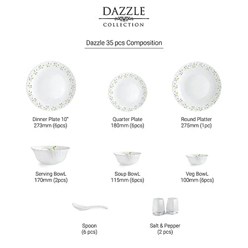 Cello Tropical Lagoon Dazzle Series Opalware Dinner Set, 35 Units Opal Glass Dinner Set for 6