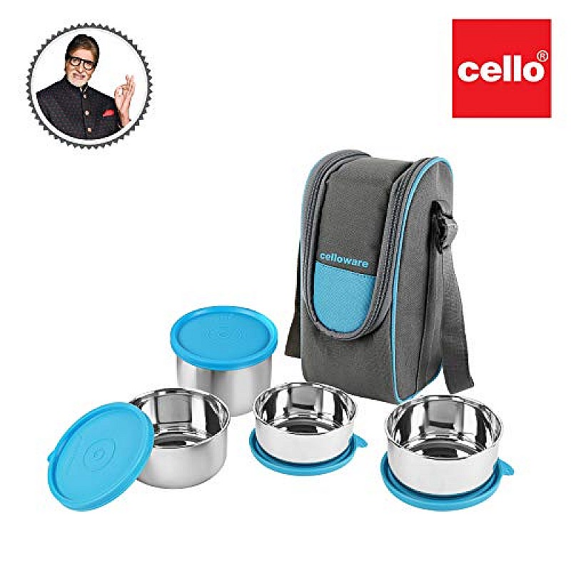 CELLO Steelox Stainless Steel Lunch Box Combo 4- Piece with Jacket, Blue,Ideal for Office