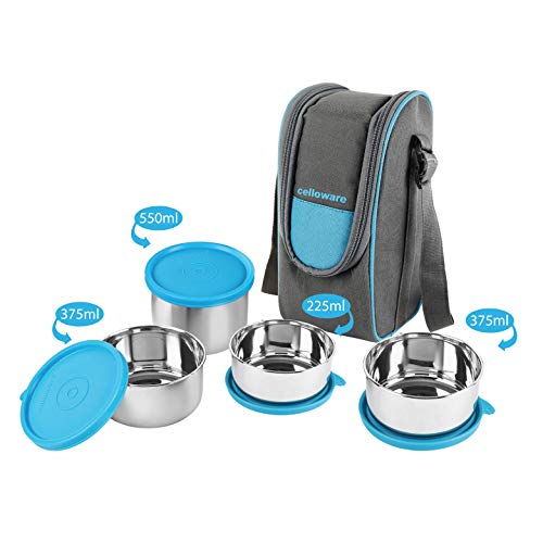 CELLO Steelox Stainless Steel Lunch Box Combo 4- Piece with Jacket, Blue,Ideal for Office CELLO Steelox Stainless Steel Lunch Box Combo 4- Piece with Jacket, Blue,Ideal for Office