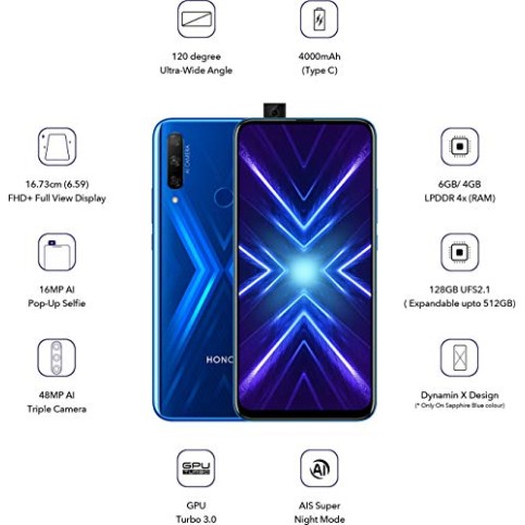 Honor 9X (Sapphire Blue, 6GB RAM,128GB Storage) (Refurbished)