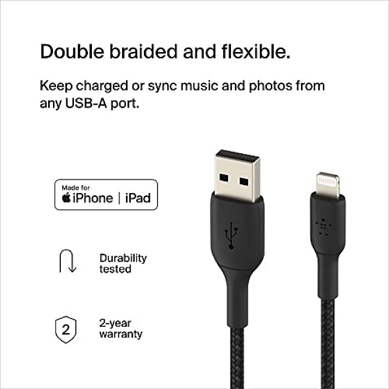 Belkin Apple Certified Lightning to USB A and Sync Tough Braided Cable for iPhone, iPad, Air Pods, 6.6 feet (2 meters) – Black