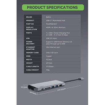 Belkin USB-C Multimedia + Charge Adapter (100W) with Tethered USB-C Cable Black Belkin USB-C Multimedia + Charge Adapter (100W) with Tethered USB-C Cable Black