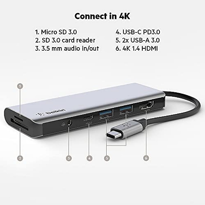 Belkin USB-C Multimedia + Charge Adapter (100W) with Tethered USB-C Cable Black