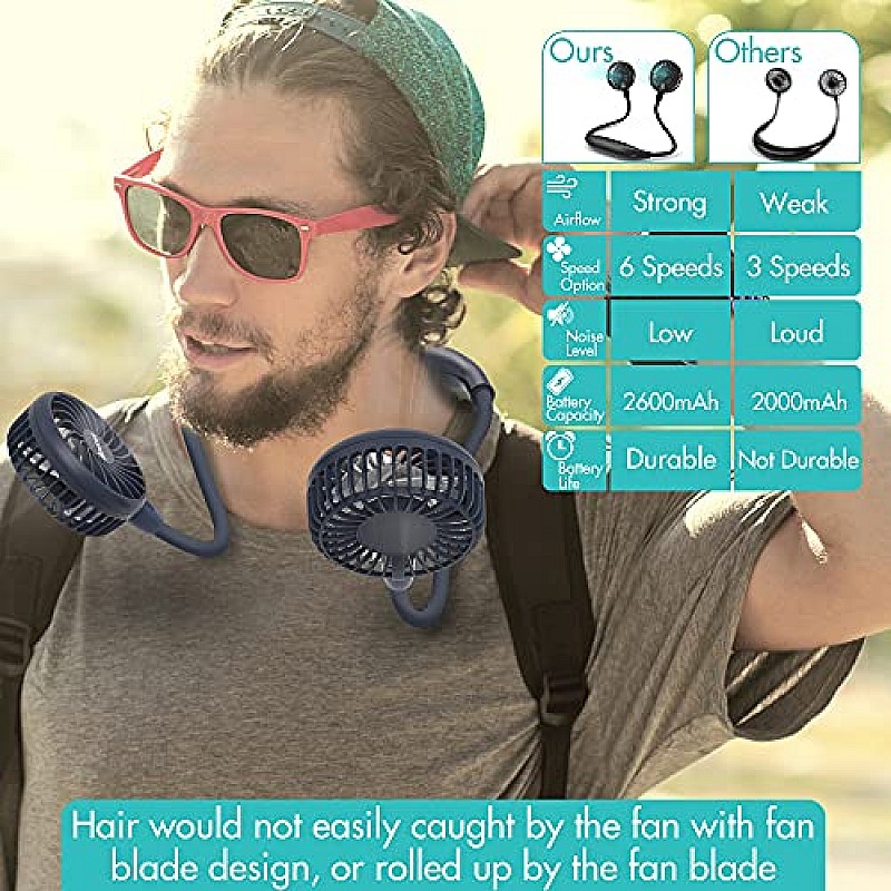 AIRTREE Neck Fan Battery Operated Neckband Fan Hand-Free Wearable Personal Fan for Hot Flashes 