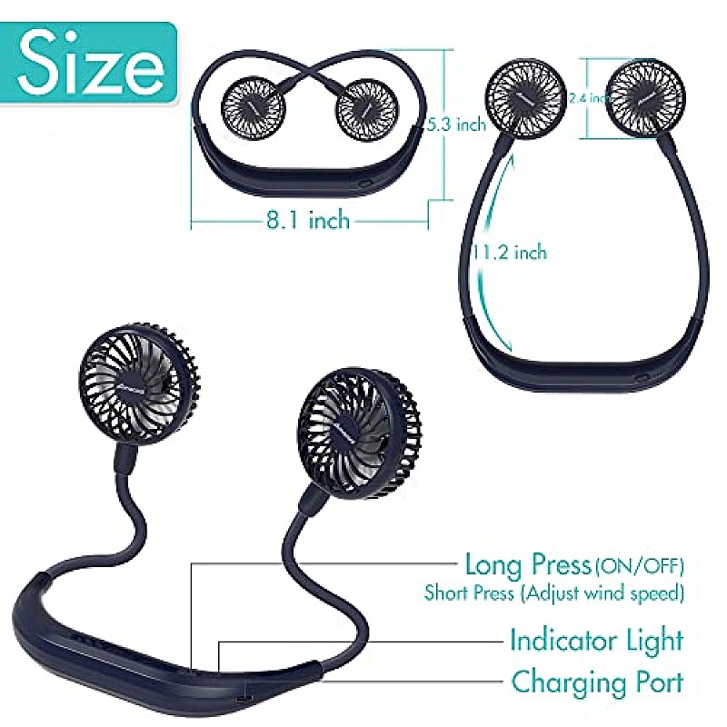 AIRTREE Neck Fan Battery Operated Neckband Fan Hand-Free Wearable Personal Fan for Hot Flashes 