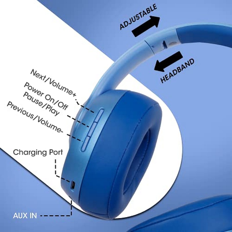 ZEBRONICS Zeb-DUKE1 Wireless Bluetooth 5.0 Over The Ear Headphone with Voice Assistant (Blue)