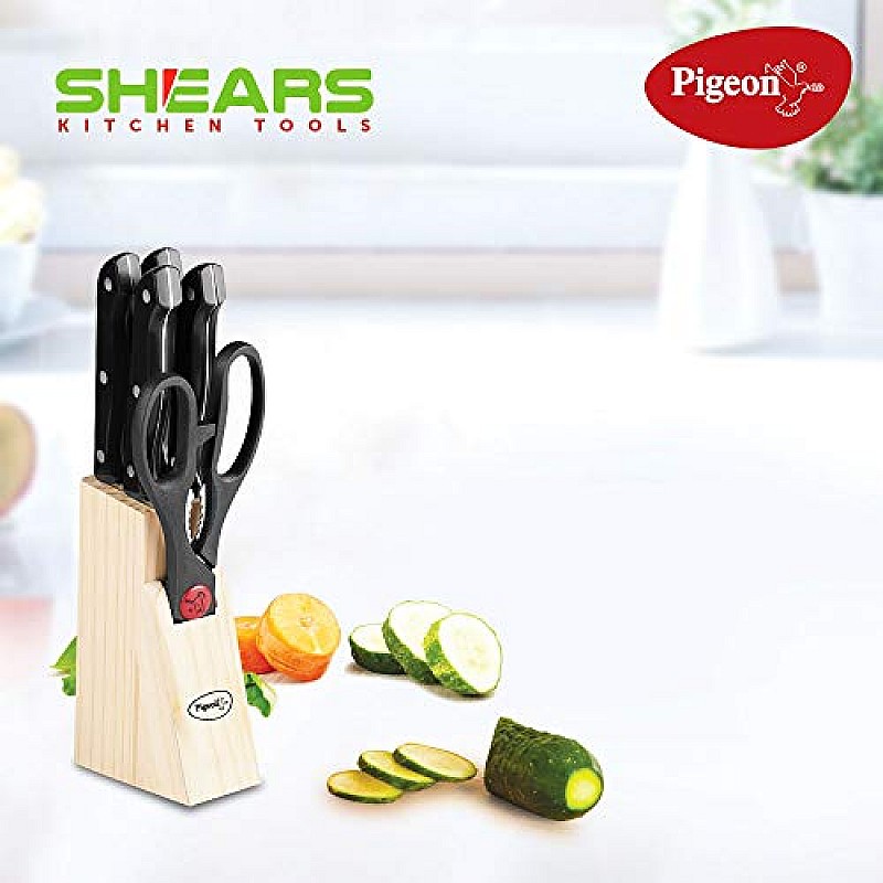 Pigeon by Stovekraft Angular Holder Shears Kitchen Knifes 6 Piece Set with Wooden Block (Stainless Steel)