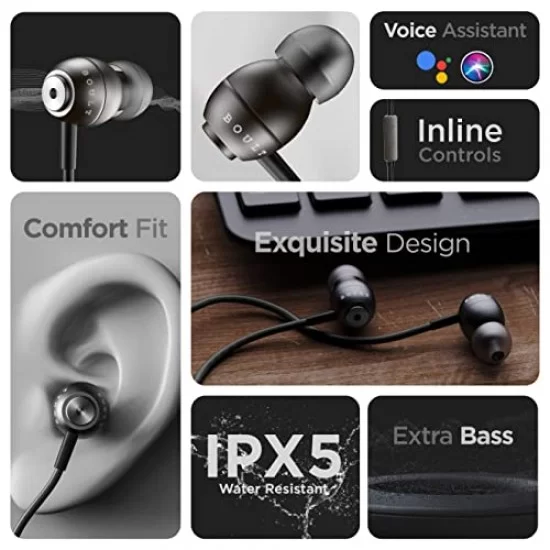 Boult Audio BassBuds Storm-X in-Ear Wired Earphones with Mic HD Sound (Grey)