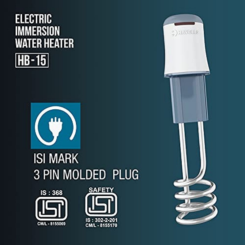 Havells HP15 Auto 1500 Watt Immersion Heater  ISI Mark Heavy Duty 3 Pin Moulded Plug, Touch Protection Cover Blue