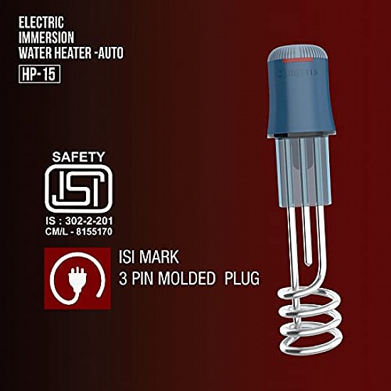 Havells HP15 Auto 1500 Watt Immersion Heater  ISI Mark Heavy Duty 3 Pin Moulded Plug, Touch Protection Cover Blue