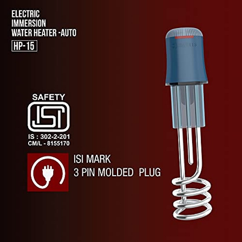 Havells HP15 Auto 1500 Watt Immersion Heater  ISI Mark Heavy Duty 3 Pin Moulded Plug, Touch Protection Cover Blue