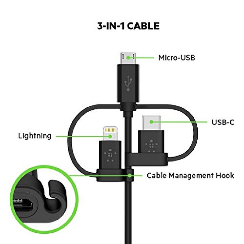 Belkin 3-in-1 Universal Micro USB, USB-C, Lightning Connector Cable 4 Feet (1.2 Meter) - Black-