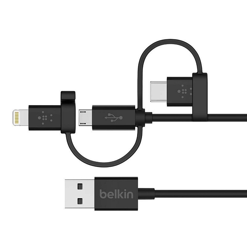 Belkin 3-in-1 Universal Micro USB, USB-C, Lightning Connector Cable 4 Feet (1.2 Meter) - Black-