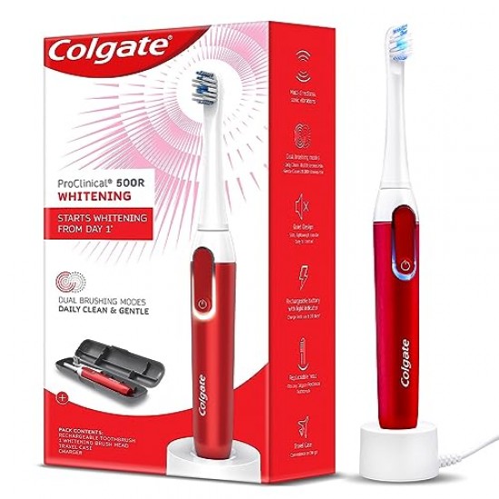 Colgate Proclinical 500R Whitening Rechargeable Sonic Toothbrush, Electric Toothbrush for adults with Soft & Spiral Bristles, Dual-Brushing Mode
