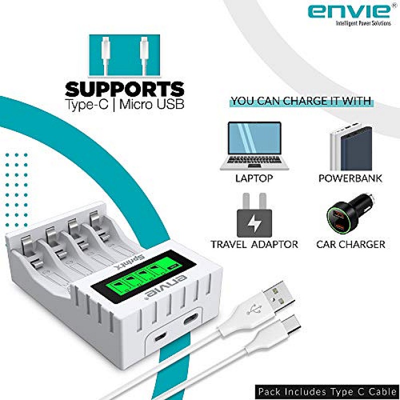 ENVIE® (ECR 11 MC) SprintX Ultra Fast Charger for Rechargeable Batteries AA & AAA Ni-mh, with LCD Display - (White)