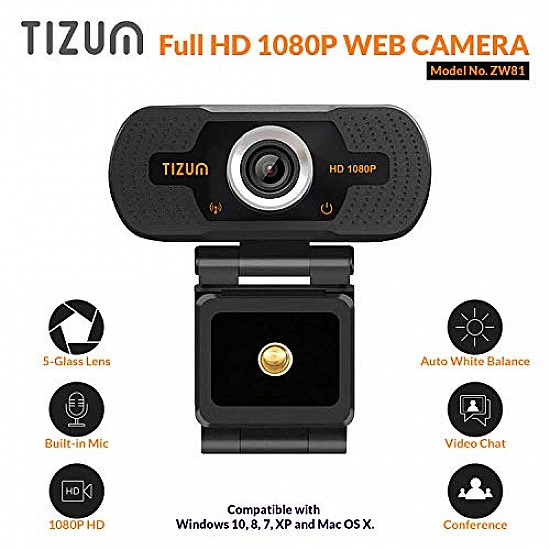 Tizum iStuff365 ZW78- Full HD 1080p Webcam, Widescreen Viewing Angle, Auto Light Correction, Noise-Reducing Mic