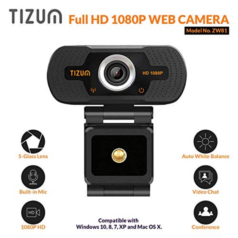 Tizum iStuff365 ZW78- Full HD 1080p Webcam, Widescreen Viewing Angle, Auto Light Correction, Noise-Reducing Mic