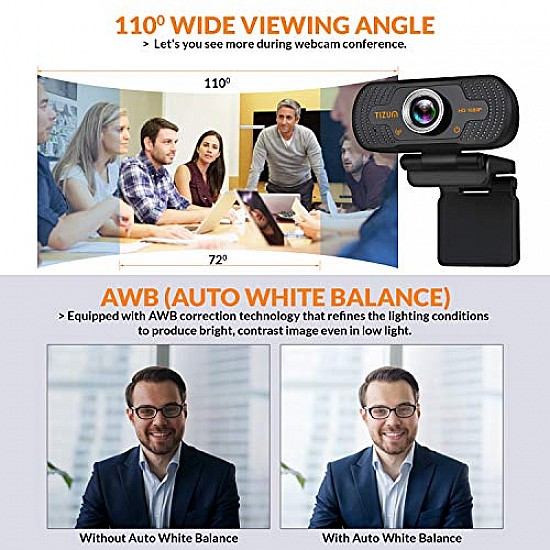 Tizum iStuff365 ZW78- Full HD 1080p Webcam, Widescreen Viewing Angle, Auto Light Correction, Noise-Reducing Mic