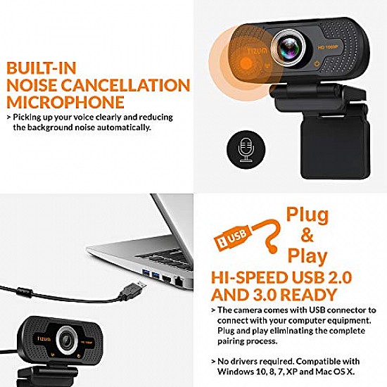 Tizum iStuff365 ZW78- Full HD 1080p Webcam, Widescreen Viewing Angle, Auto Light Correction, Noise-Reducing Mic