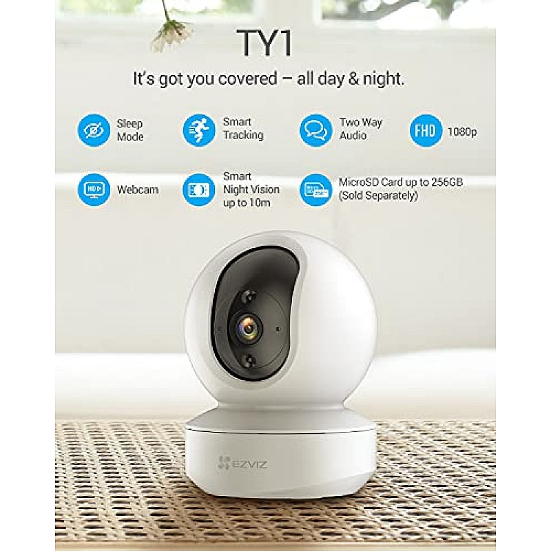 EZVIZ Security Camera Indoor Wi-Fi 2MP Motion Detection Smart Night Vision2-Way Audio Compatible with Alexa (TY1,White)