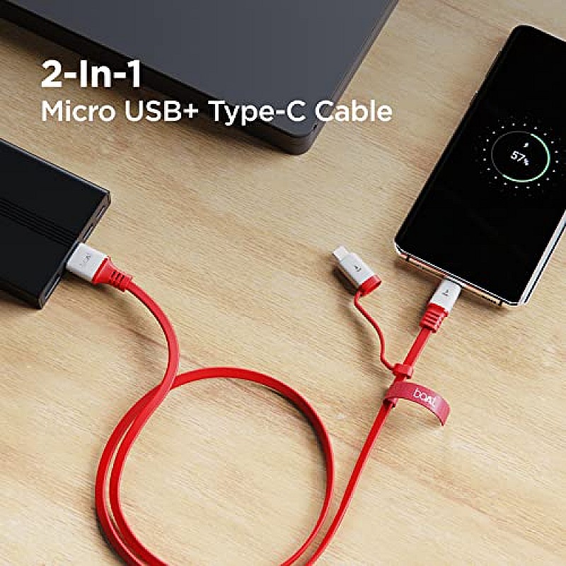 boAt Deuce USB 500 2-In-1 Micro USB + Type-C 6.5A Fast Charging Cable (Radiant Red)