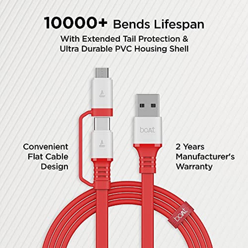 boAt Deuce USB 500 2-In-1 Micro USB + Type-C 6.5A Fast Charging Cable (Radiant Red)