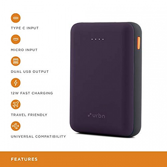 URBN 10000 mAh Li-Polymer Ultra Compact Power Bank 12W Fast Charge Dual USB Output Pocket Size (Purple)