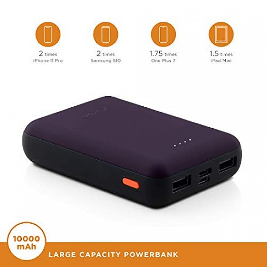 URBN 10000 mAh Li-Polymer Ultra Compact Power Bank 12W Fast Charge Dual USB Output Pocket Size (Purple)