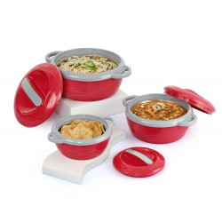CELLO Stainless Steel Hot n Fresh Casserole Set with Inner Steel, Set of 3 (500ml, 1000ml, 1500ml), Red