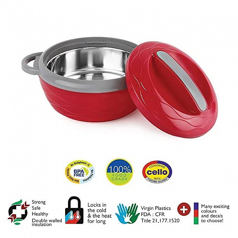 CELLO Stainless Steel Hot n Fresh Casserole Set with Inner Steel, Set of 3 (500ml, 1000ml, 1500ml), Red