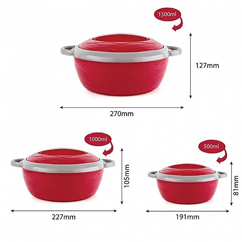 CELLO Stainless Steel Hot n Fresh Casserole Set with Inner Steel, Set of 3 (500ml, 1000ml, 1500ml), Red