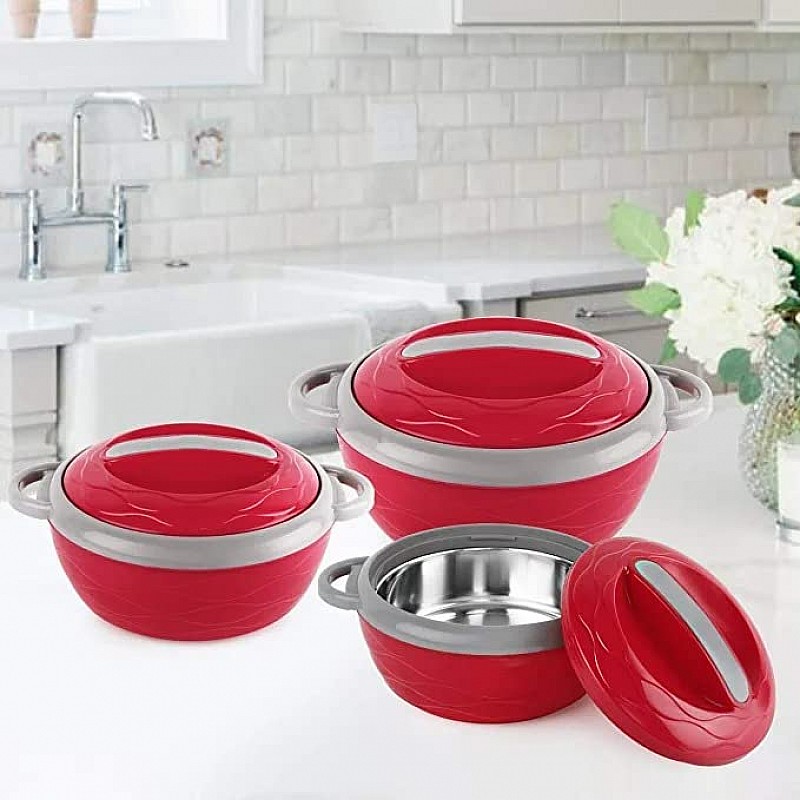 CELLO Stainless Steel Hot n Fresh Casserole Set with Inner Steel, Set of 3 (500ml, 1000ml, 1500ml), Red