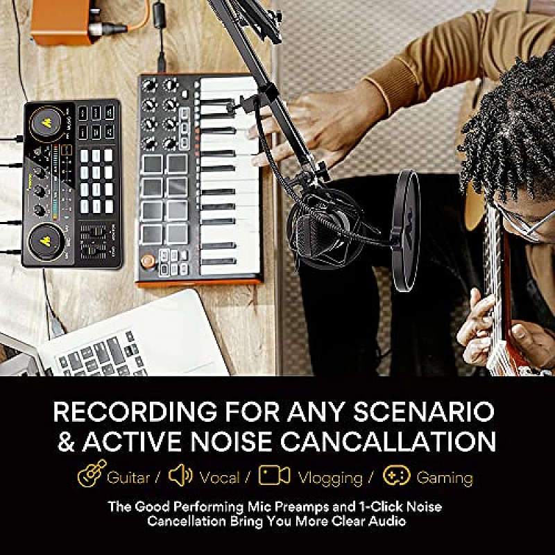 Maono AU-AM200 Audio Interface with DJ Mixer and Sound Card, ALL-IN-ONE Podcast Production Studio for Guitar, 