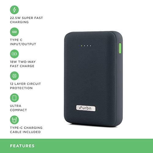 URBN 10000 mAh Lithium Polymer Power Bank with 22.5 Watt Super Fast Charging, Blue