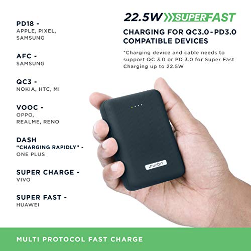 URBN 10000 mAh Lithium Polymer Power Bank with 22.5 Watt Super Fast Charging, Blue