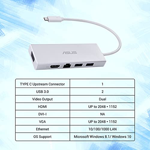 ASUS OS200 USB-C DONGLE with Two USB 3.0 Ports, Gigabit Ethernet Port, HDMI and VGA, White ASUS OS200 USB-C DONGLE with Two USB 3.0 Ports, Gigabit Ethernet Port, HDMI and VGA, White