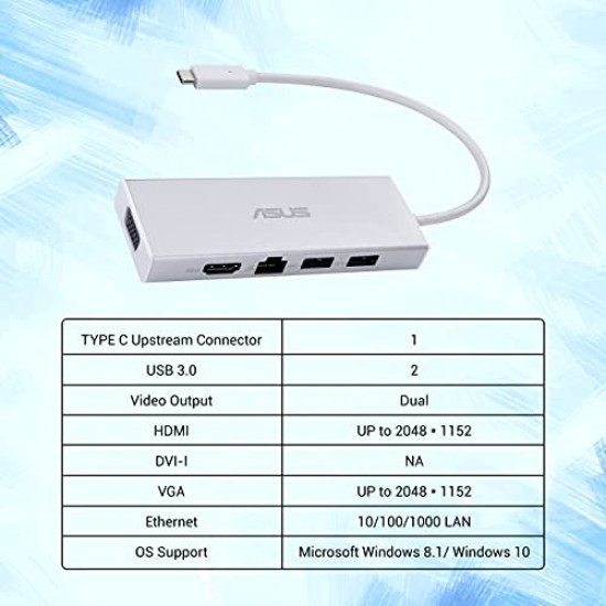 ASUS OS200 USB-C DONGLE with Two USB 3.0 Ports, Gigabit Ethernet Port, HDMI and VGA, White