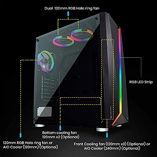 ZEBRONICS Zeb-Artemis Gaming Chasis, Tempered Glass, 3 RGB with Halo Ring Fans