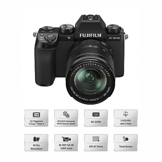 Fujifilm X-S10 Mirrorless Camera Body with XF18-55mm Lens (APS-C X-Trans CMOS 4 Sensor & FHD/240P) - Black