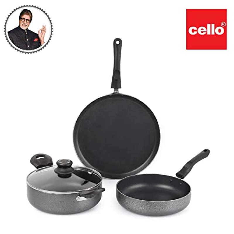 CELLO 3Pcs Prima Non-Stick Cookware Set Induction Base Kadhai, Fry Pan Non Stick Dosa Tawa With Glass Lid, Hammertone Black