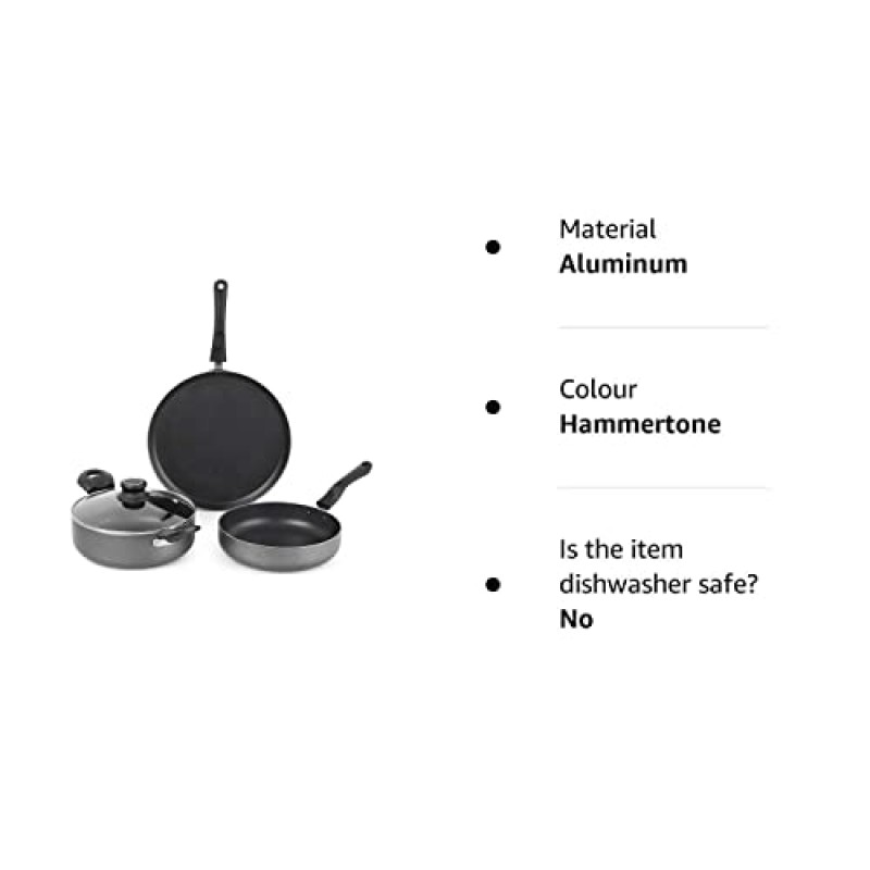 CELLO 3Pcs Prima Non-Stick Cookware Set Induction Base Kadhai, Fry Pan Non Stick Dosa Tawa With Glass Lid, Hammertone Black