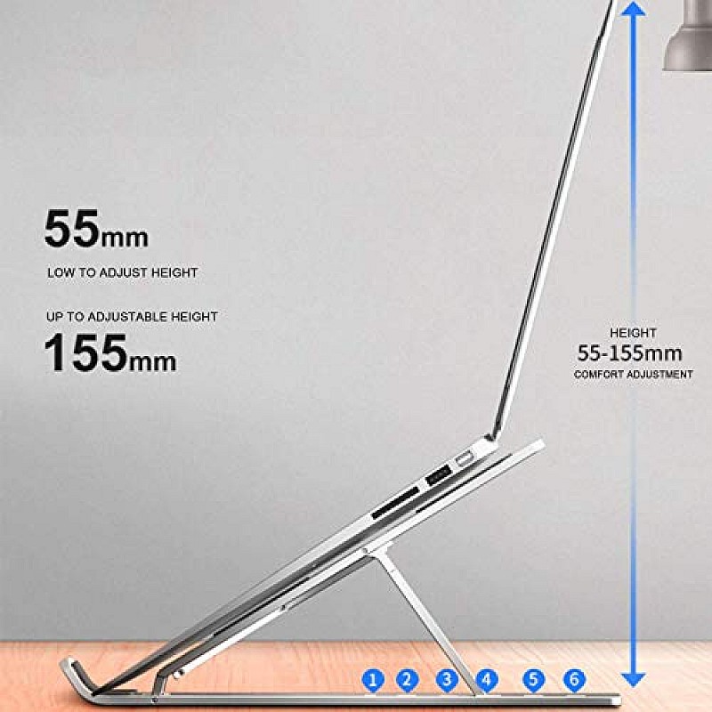 Dyazo 6 Angles Adjustable Aluminum Ergonomic Foldable Portable Tabletop Laptop Desktop Riser Stand Holder (Silver)