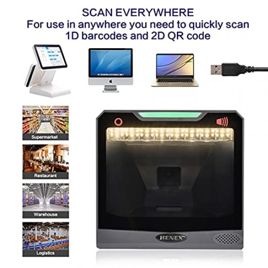 HENEX HC-7040 Hands-Free Auto Scan 2D Barcode Scanner Omnidirectional Barcode Reader Desktop QR Code Scanner