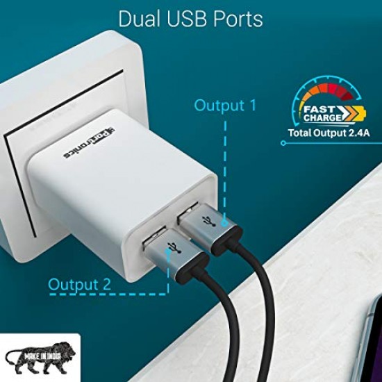 Portronics Adapto 66 2.4A 12w Dual USB Port 5V/2.4A Wall Charger,Comes with 1M Micro USB Cable, USB Wall Charger Adapter for (White)