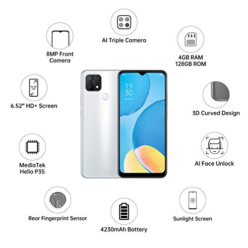 OPPO A15s (Fancy White, 4GB, 128GB Storage) Refurbished