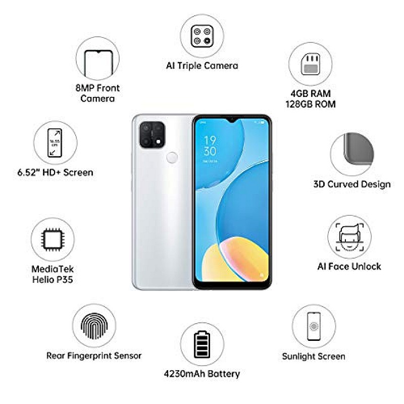 OPPO A15s (Fancy White, 4GB, 128GB Storage) Refurbished