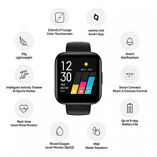 realme Classic Watch 3.56 cm 1.4Large HD Color Display Full Touch Screen SpO2, Continuous Heart Rate Monitor Black Free Size RMA161