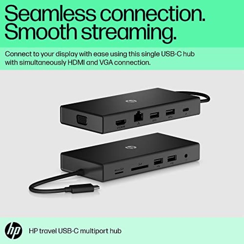 HP Travel USB-C Multi Port Hub Docking Station with USB-C RJ-45 HDMI SD and Micro SD Slots Black