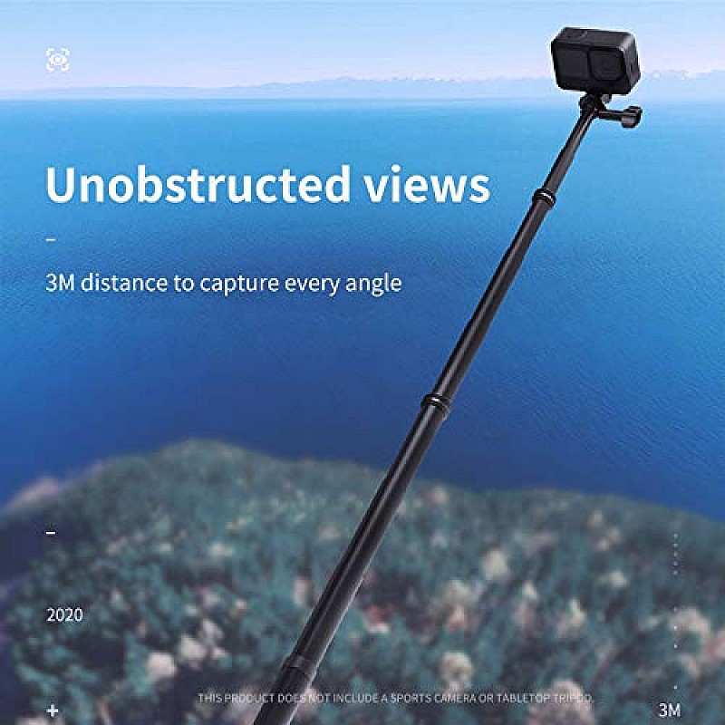 TELESIN 118"/3 Meters Ultra Long Selfie Stick for GoPro Max Hero 9 8 7 6 5 4 3+, Insta 360 One R One X, DJI Osmo Black